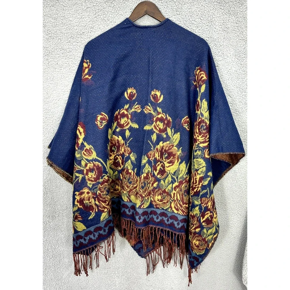 Cejon Fringe Floral‎ Wrap OSFM Blue Boho Cottage Shawl Poncho Layering Romantic